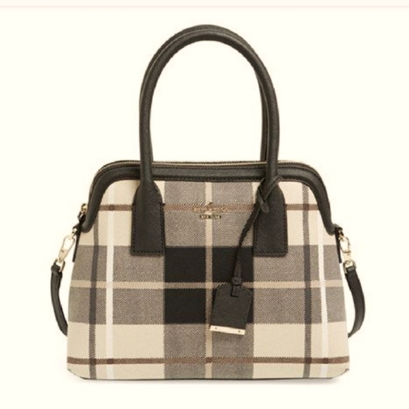 KATE SPADE PLAID HANDBAG PURSE DESIGNER HOBO SATCHEL BAG AUTHENTIC CREAM - Picture 1 of 2